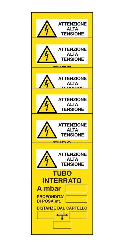 KIT DI 6 ADESIVI RETTANGOLARI - ATTENZIONE ALTA TENSIONE TUBO INTERRATO - Pittogramma ISO 7010 Con Stampa Diretta U.V. (IDEALE ANCHE PER ESTERNO)