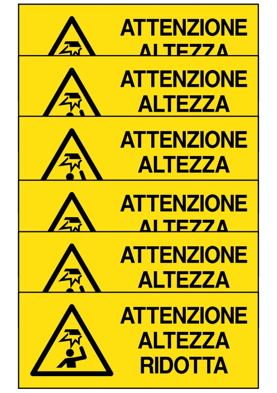 GLOBAL KIT DI 6 ADESIVI UNI - ATTENZIONE ALTEZZA RIDOTTA - Pittogramma ISO 7010 Con Stampa Diretta U.V. (IDEALE ANCHE PER ESTERNO)