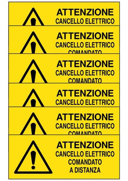 GLOBAL KIT DI 6 ADESIVI UNI - ATTENZIONE CANCELLO ELETTRICO COMANDATO A DISTANZA - Pittogramma ISO 7010 Con Stampa Diretta U.V. (IDEALE ANCHE PER ESTERNO)