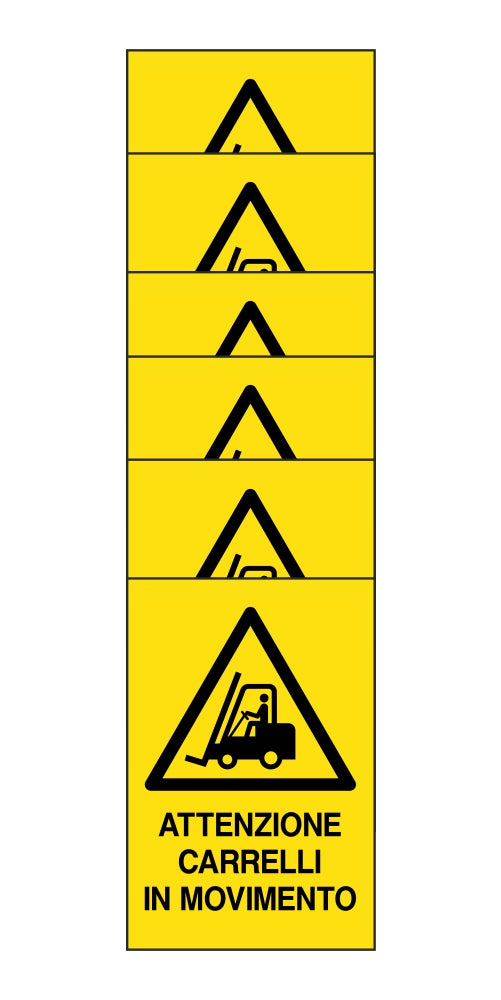 KIT DI 6 ADESIVI RETTANGOLARI - ATTENZIONE CARRELLI IN MOVIMENTO - Pittogramma ISO 7010 Con Stampa Diretta U.V. (IDEALE ANCHE PER ESTERNO)