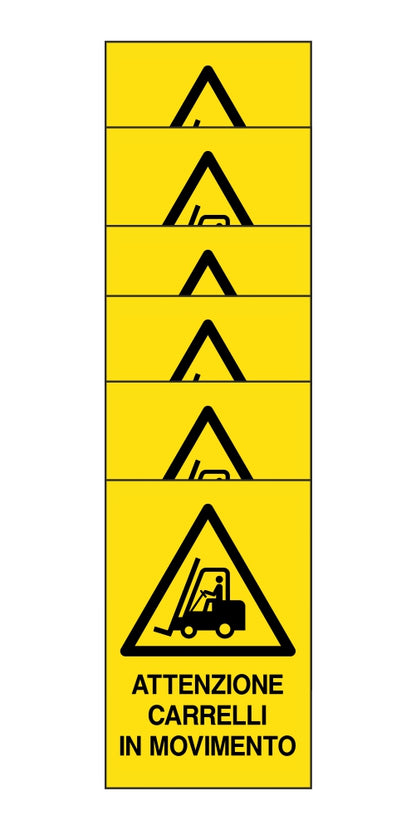KIT DI 6 ADESIVI RETTANGOLARI - ATTENZIONE CARRELLI IN MOVIMENTO - Pittogramma ISO 7010 Con Stampa Diretta U.V. (IDEALE ANCHE PER ESTERNO)