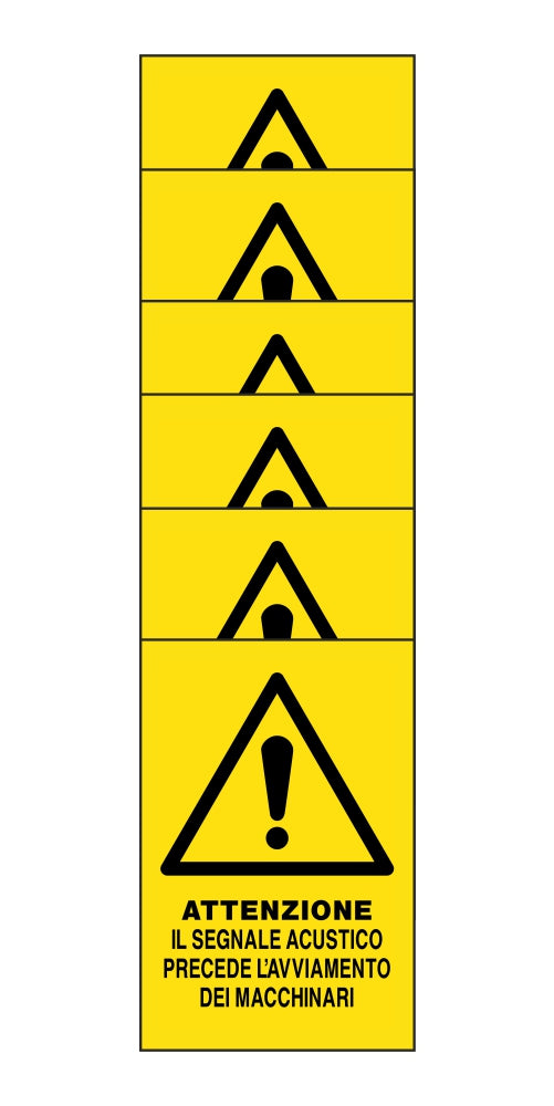 KIT DI 6 ADESIVI RETTANGOLARI - ATTENZIONE IL SEGNALE ACUSTICO PRECEDE L'AVVIAMENTO DEI MACCHINARI - Pittogramma ISO 7010 Con Stampa Diretta U.V. (IDEALE ANCHE PER ESTERNO)