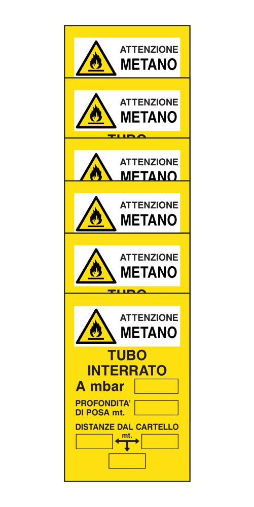 KIT DI 6 ADESIVI RETTANGOLARI - ATTENZIONE METANO TUBO INTERRATO - Pittogramma ISO 7010 Con Stampa Diretta U.V. (IDEALE ANCHE PER ESTERNO)