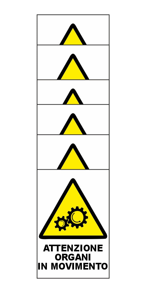 KIT DI 6 ADESIVI RETTANGOLARI - ATTENZIONE ORGANI IN MOVIMENTO - Pittogramma ISO 7010 Con Stampa Diretta U.V. (IDEALE ANCHE PER ESTERNO)