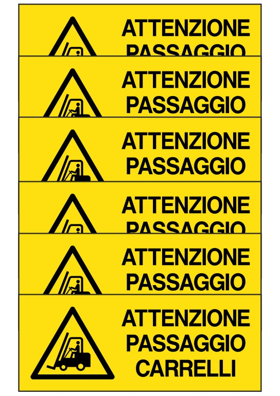 KIT DI 6 ADESIVI UNI - ATTENZIONE PASSAGGIO CARRELLI - Pittogramma ISO 7010 Con Stampa Diretta U.V. (IDEALE ANCHE PER ESTERNO)