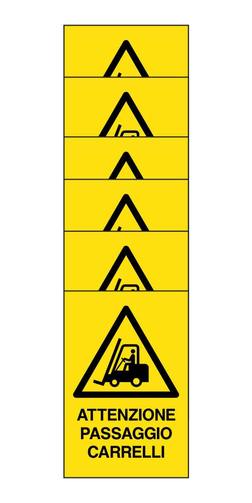 KIT DI 6 ADESIVI RETTANGOLARI - ATTENZIONE PASSAGGIO CARRELLI - Pittogramma ISO 7010 Con Stampa Diretta U.V. (IDEALE ANCHE PER ESTERNO)