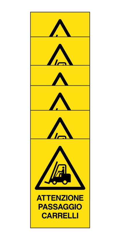KIT DI 6 ADESIVI RETTANGOLARI - ATTENZIONE PASSAGGIO CARRELLI - Pittogramma ISO 7010 Con Stampa Diretta U.V. (IDEALE ANCHE PER ESTERNO)