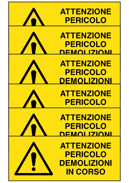GLOBAL KIT DI 6 ADESIVI UNI - ATTENZIONE PERICOLO DEMOLIZIONI IN CORSO - Pittogramma ISO 7010 Con Stampa Diretta U.V. (IDEALE ANCHE PER ESTERNO)