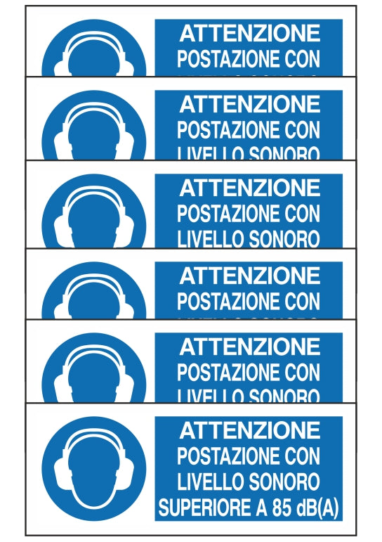 GLOBAL KIT DI 6 ADESIVI UNI - ATTENZIONE POSTAZIONE CON LIVELLO SONORO SUPERIORE 85 dBA - Pittogramma ISO 7010 Con Stampa Diretta U.V. (IDEALE ANCHE PER ESTERNO)