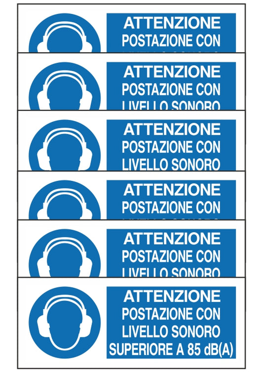 GLOBAL KIT DI 6 ADESIVI UNI - ATTENZIONE POSTAZIONE CON LIVELLO SONORO SUPERIORE 85 dBA - Pittogramma ISO 7010 Con Stampa Diretta U.V. (IDEALE ANCHE PER ESTERNO)