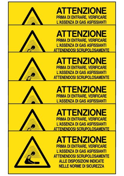 GLOBAL KIT DI 6 ADESIVI UNI - ATTENZIONE PRIMA DI ENTRARE VERIFICARE L'ASSENZA DI FAS ASFISSIANTI… - Pittogramma ISO 7010 Con Stampa Diretta U.V. (IDEALE ANCHE PER ESTERNO)