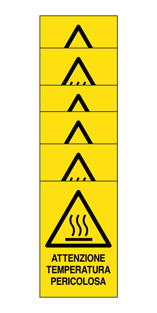 KIT DI 6 ADESIVI RETTANGOLARI - ATTENZIONE TEMPERATURA PERICOLOSA - Pittogramma ISO 7010 Con Stampa Diretta U.V. (IDEALE ANCHE PER ESTERNO)