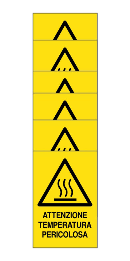 KIT DI 6 ADESIVI RETTANGOLARI - ATTENZIONE TEMPERATURA PERICOLOSA - Pittogramma ISO 7010 Con Stampa Diretta U.V. (IDEALE ANCHE PER ESTERNO)