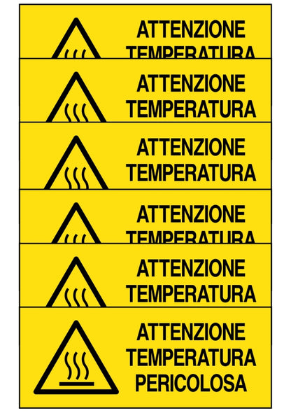 GLOBAL KIT DI 6 ADESIVI UNI - ATTENZIONE TEMPERATURA PERICOLOSA - Pittogramma ISO 7010 Con Stampa Diretta U.V. (IDEALE ANCHE PER ESTERNO)
