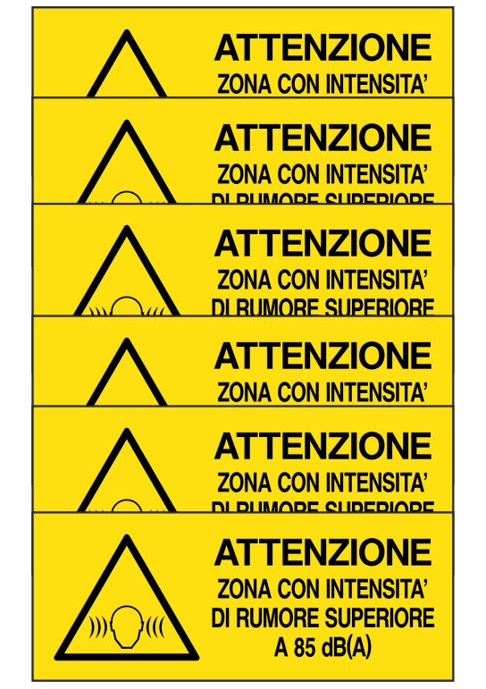 KIT DI 6 ADESIVI UNI - ATTENZIONE ZONA CON INTENSITA' DI RUMORE SUPERIORE A 85 dBA - Pittogramma ISO 7010 Con Stampa Diretta U.V. (IDEALE ANCHE PER ESTERNO)