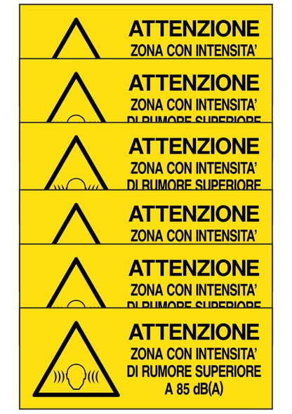 KIT DI 6 ADESIVI UNI - ATTENZIONE ZONA CON INTENSITA' DI RUMORE SUPERIORE A 85 dBA - Pittogramma ISO 7010 Con Stampa Diretta U.V. (IDEALE ANCHE PER ESTERNO)