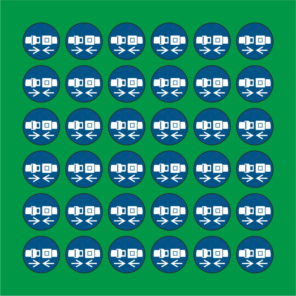 PACCO DA 6 KIT DI 6 ADESIVI ROTONDI - Allacciare la cintura di sicurezza - Pittogramma ISO 7010 Con Stampa Diretta U.V.