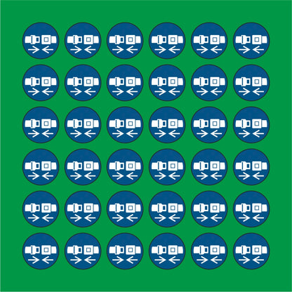 PACCO DA 6 KIT DI 6 ADESIVI ROTONDI - Allacciare la cintura di sicurezza - Pittogramma ISO 7010 Con Stampa Diretta U.V.