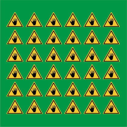PACCO DA 6 KIT DI 6 ADESIVI TRIANGOLARI - Attenzione alle mani, acido - Pittogramma ISO 7010 Con Stampa Diretta U.V.