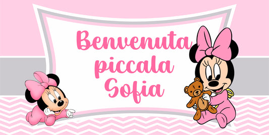GLOBAL STRISCIONE FONDALE COMPLEANNO - BABY MINNIE - STRISCIONE PERSONALIZZATO IN CARTA O IN BANNER PVC ANCHE DA ESTERNO GARANZIA 5 ANNI