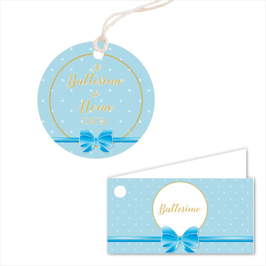 GLOBAL Bigliettini Bomboniera per Battesimo Personalizzato - FIOCCO AZZURRO - Bigliettini Bomboniera con piega, Bigliettini Bomboniera tondo, Personalizzati con Nome e Data, MADE IN ITALY