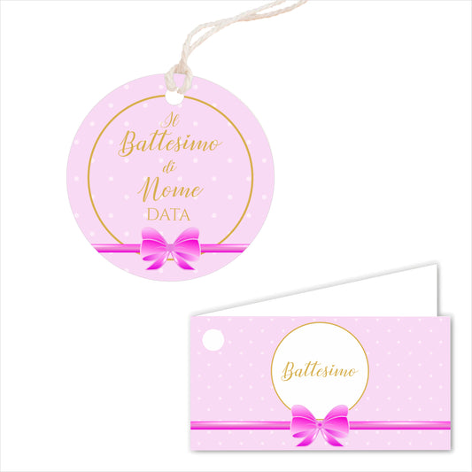 GLOBAL Bigliettini Bomboniera per Battesimo Personalizzato - FIOCCO ROSA - Bigliettini Bomboniera con piega, Bigliettini Bomboniera tondo, Personalizzati con Nome e Data, MADE IN ITALY
