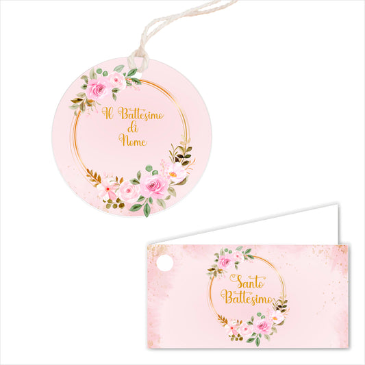 GLOBAL Bigliettini Bomboniera per Battesimo Personalizzato - CORNICE CON FIORI - Bigliettini Bomboniera con piega, Bigliettini Bomboniera tondo, Personalizzati con Nome e Data, MADE IN ITALY