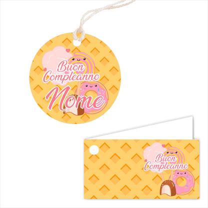 GLOBAL Bigliettini Bomboniera per Compleanno Personalizzato - DOLCI E CARAMELLE - Bigliettini Bomboniera con piega, Bigliettini Bomboniera tondo, Personalizzati con Nome e Data, MADE IN ITALY