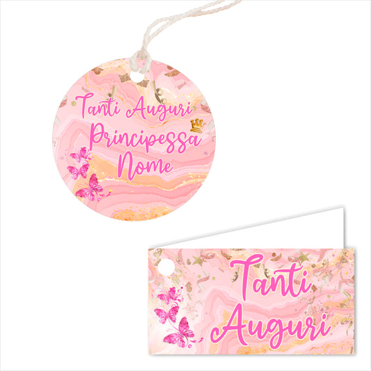 GLOBAL Bigliettini Bomboniera per Compleanno Personalizzato - FARFALLE ROSA - Bigliettini Bomboniera con piega, Bigliettini Bomboniera tondo, Personalizzati con Nome e Data, MADE IN ITALY