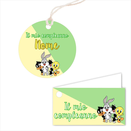 GLOBAL Bigliettini Bomboniera per Compleanno Personalizzato - BABY LOONEY TUNES - Bigliettini Bomboniera con piega, Bigliettini Bomboniera tondo, Personalizzati con Nome e Data, MADE IN ITALY