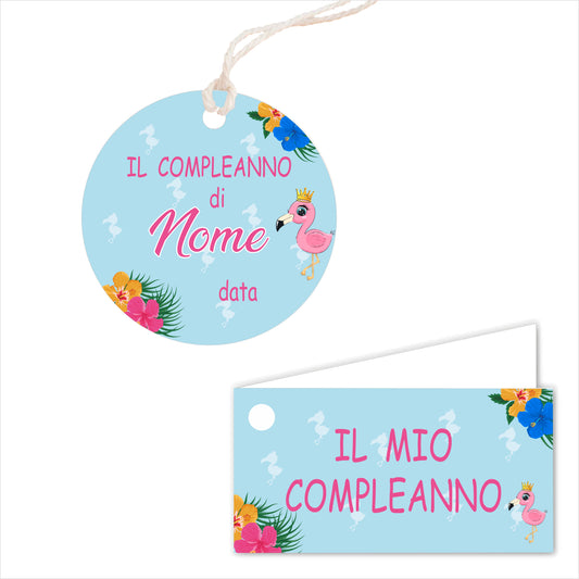 GLOBAL Bigliettini Bomboniera per Compleanno Personalizzato - FENICOTTERO - Bigliettini Bomboniera con piega, Bigliettini Bomboniera tondo, Personalizzati con Nome e Data, MADE IN ITALY