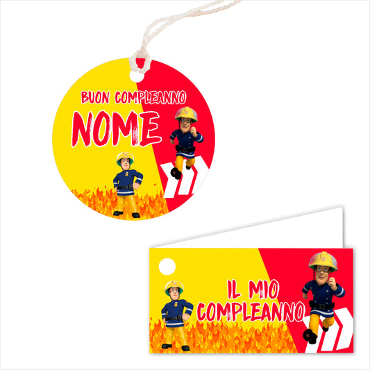 GLOBAL Bigliettini Bomboniera per Compleanno Personalizzato - SAM IL POMPIERE - Bigliettini Bomboniera con piega, Bigliettini Bomboniera tondo, Personalizzati con Nome e Data, MADE IN ITALY