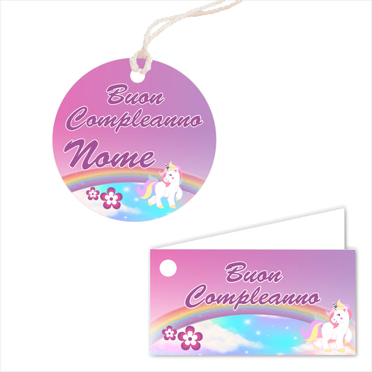 GLOBAL Bigliettini Bomboniera per Compleanno Personalizzato - UNICORNO - Bigliettini Bomboniera con piega, Bigliettini Bomboniera tondo, Personalizzati con Nome e Data, MADE IN ITALY