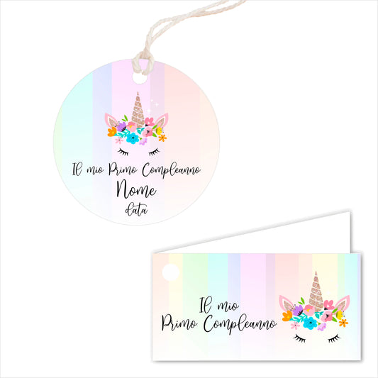 GLOBAL Bigliettini Bomboniera per Compleanno Personalizzato - UNICORNO MOD. 2 - Bigliettini Bomboniera con piega, Bigliettini Bomboniera tondo, Personalizzati con Nome e Data, MADE IN ITALY