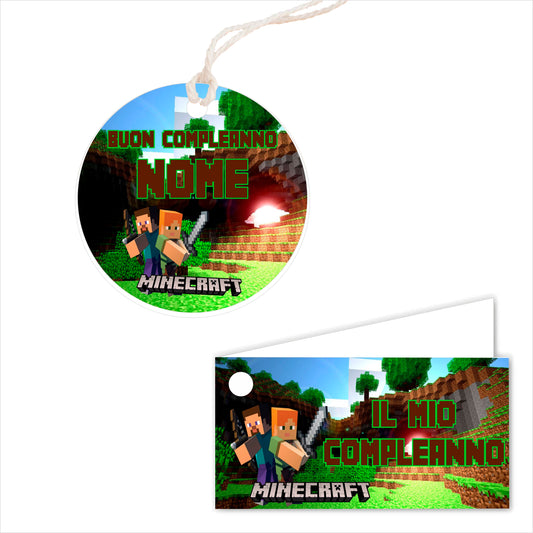 GLOBAL Bigliettini Bomboniera per Compleanno Personalizzato - MINECRAFT - Bigliettini Bomboniera con piega, Bigliettini Bomboniera tondo, Personalizzati con Nome e Data, MADE IN ITALY