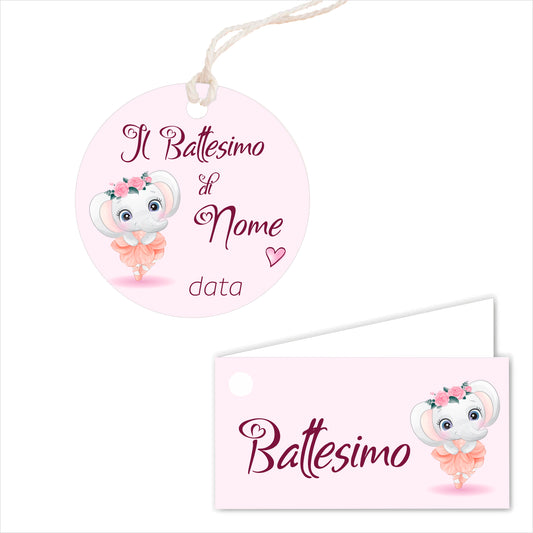 GLOBAL Bigliettini Bomboniera per Battesimo Personalizzato - ELEFANTE BALLERINA - Bigliettini Bomboniera con piega, Bigliettini Bomboniera tondo, Personalizzati con Nome e Data, MADE IN ITALY