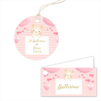 GLOBAL Bigliettini Bomboniera per Battesimo Personalizzato - ORSETTO BIMBA MOD. 3 - Bigliettini Bomboniera con piega, Bigliettini Bomboniera tondo, Personalizzati con Nome e Data, MADE IN ITALY