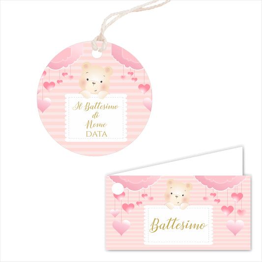 GLOBAL Bigliettini Bomboniera per Battesimo Personalizzato - ORSETTO BIMBA MOD. 3 - Bigliettini Bomboniera con piega, Bigliettini Bomboniera tondo, Personalizzati con Nome e Data, MADE IN ITALY