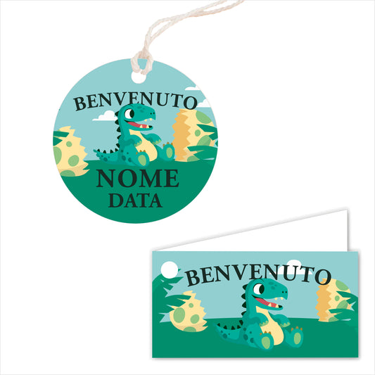 GLOBAL Bigliettini Bomboniera per Nascita Personalizzato - BABY DINO - Bigliettini Bomboniera con piega, Bigliettini Bomboniera tondo, Personalizzati con Nome e Data, MADE IN ITALY