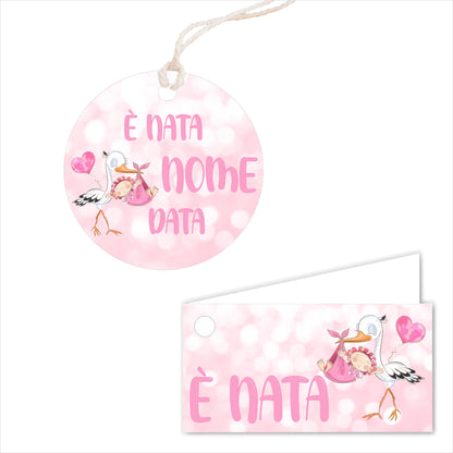 GLOBAL Bigliettini Bomboniera per Nascita Personalizzato - CICOGNA BIMBA MOD. 2 - Bigliettini Bomboniera con piega, Bigliettini Bomboniera tondo, Personalizzati con Nome e Data, MADE IN ITALY