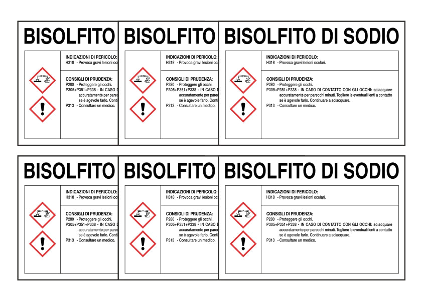 KIT DI 6 ADESIVI RETTANGOLARI - BISOLFITO DI SODIO RISCHI E CONSIGLI DI PRUDENZA - Pittogramma ISO 7010 Con Stampa Diretta U.V. (IDEALE ANCHE PER ESTERNO)