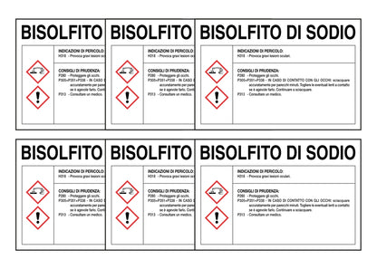 KIT DI 6 ADESIVI RETTANGOLARI - BISOLFITO DI SODIO RISCHI E CONSIGLI DI PRUDENZA - Pittogramma ISO 7010 Con Stampa Diretta U.V. (IDEALE ANCHE PER ESTERNO)