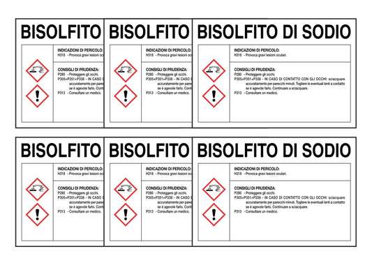 KIT DI 6 ADESIVI RETTANGOLARI - BISOLFITO DI SODIO RISCHI E CONSIGLI DI PRUDENZA - Pittogramma ISO 7010 Con Stampa Diretta U.V. (IDEALE ANCHE PER ESTERNO)