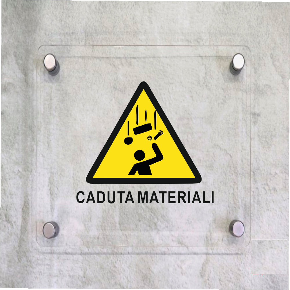 Global Targa Cartello in plexiglass Quadrato - CADUTA MATERIALI - Con Distanziali in acciaio inox, Stampa UV