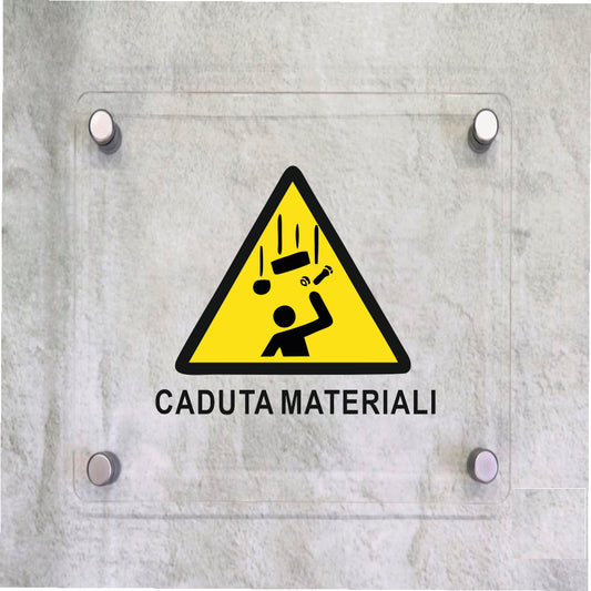 Global Targa Cartello in plexiglass Quadrato - CADUTA MATERIALI - Con Distanziali in acciaio inox, Stampa UV