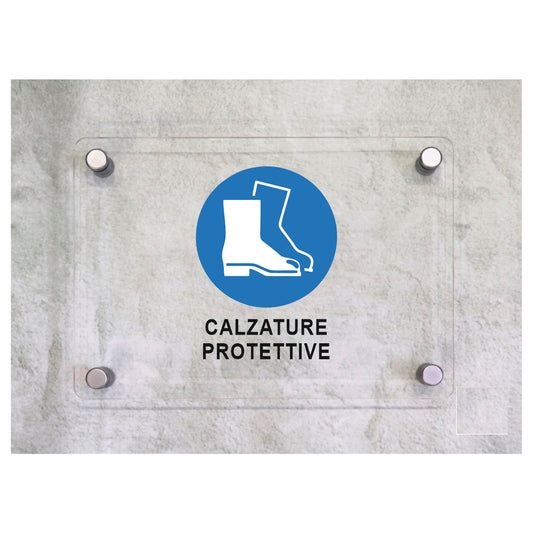 Global Targa Cartello in plexiglass - CALZATURE PROTETTIVE - Con Distanziali in acciaio inox, Stampa UV.