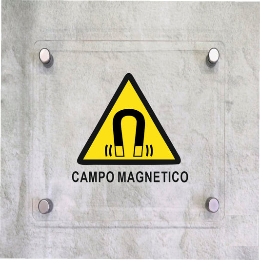 Global Targa Cartello in plexiglass Quadrato - CAMPO MAGNETICO - Con Distanziali in acciaio inox, Stampa UV
