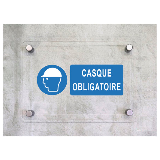 Global Targa Cartello in plexiglass UNI - CASQUE OBLIGATOIRE - Con Distanziali in acciaio inox, Stampa UV