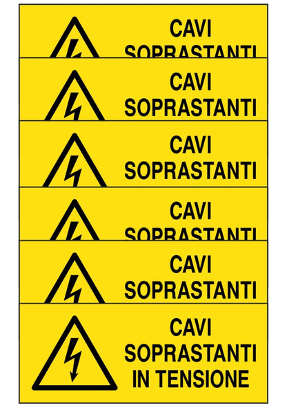 KIT DI 6 ADESIVI UNI - CAVI SOPRASTANTI IN TENSIONE - Pittogramma ISO 7010 Con Stampa Diretta U.V. (IDEALE ANCHE PER ESTERNO)