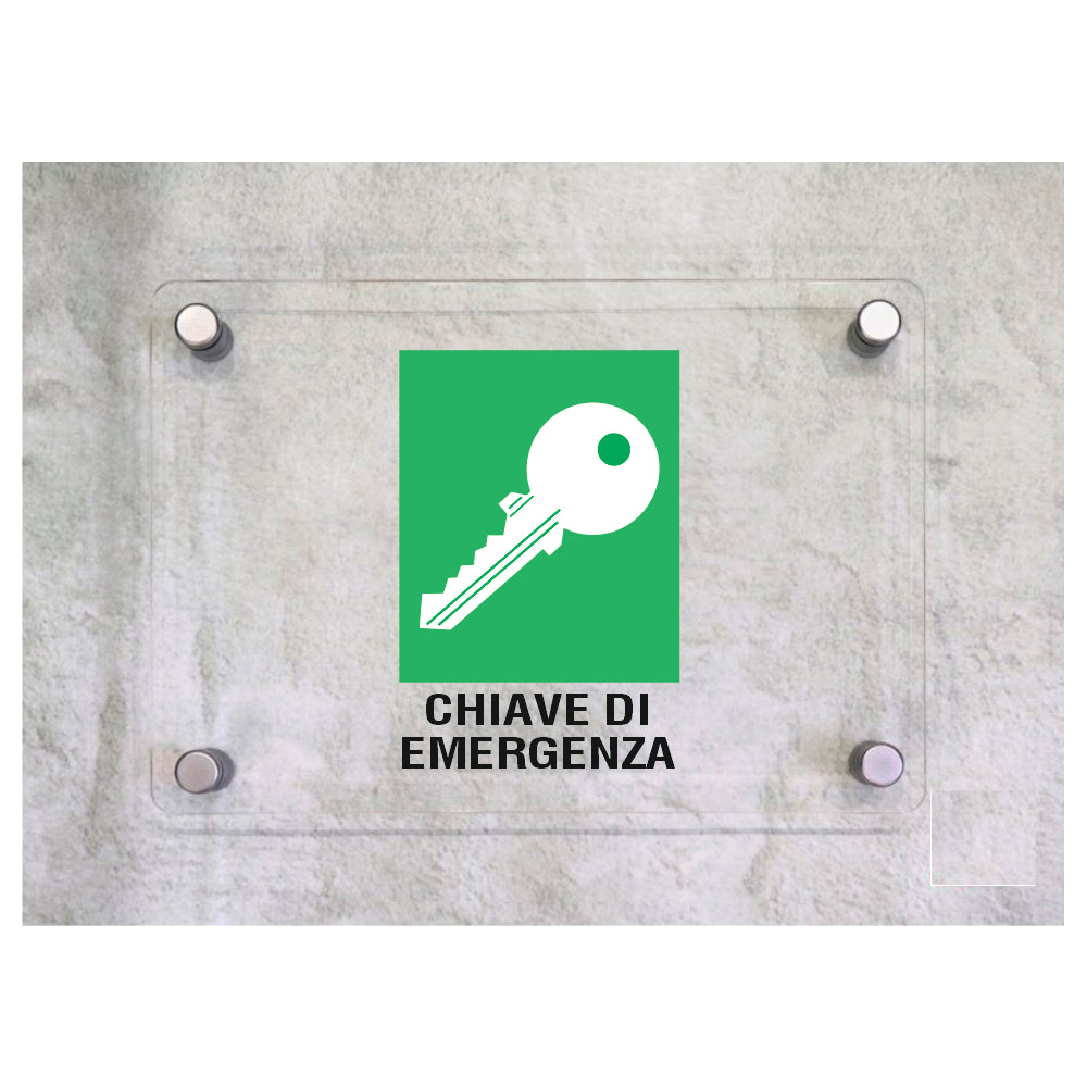 Global Targa Cartello in plexiglass - CHIAVE DI EMERGENZA - Con Distanziali in acciaio inox, Stampa UV.